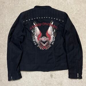 Harley-Davidson Black Canvas Riding Jacket XL Detachable Tan Hoodie Wings Patch